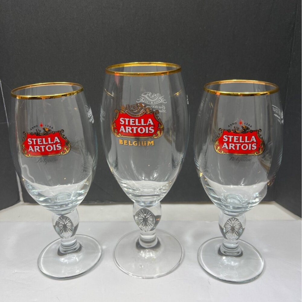 Stella Artois Belgium 33 Cl Gold Rimmed Beer Glasses Set Of 3 Collectible C221